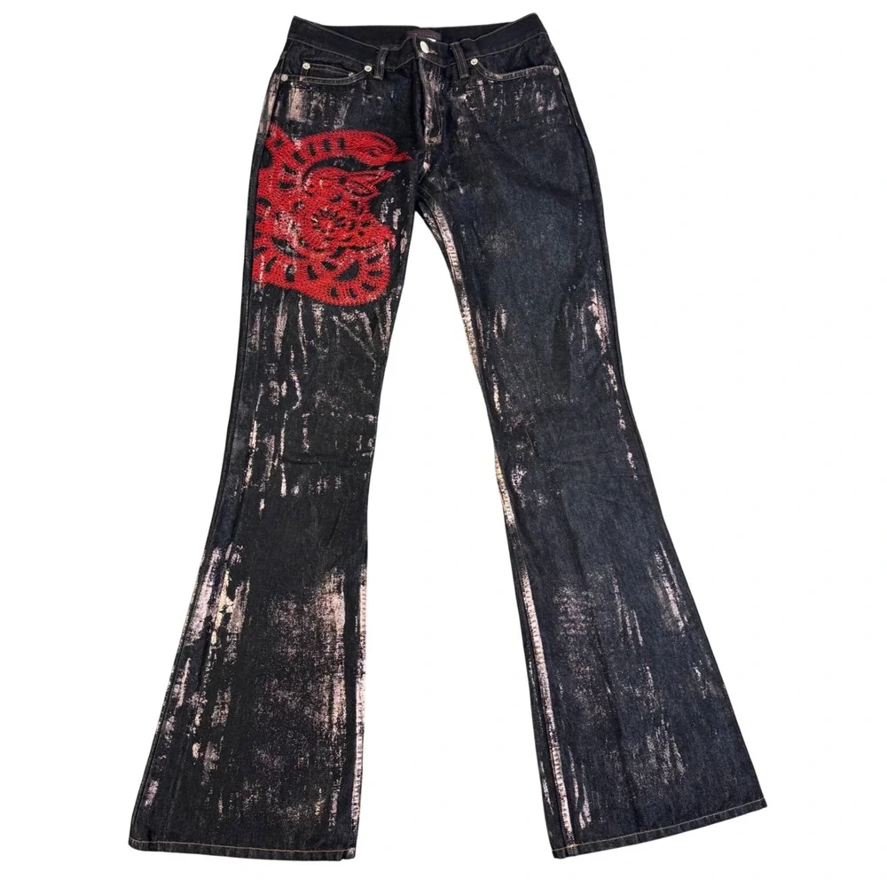 Rare VNTG Custo Barcelona Rose Gold Foil Metallic Flare Jeans Women 27